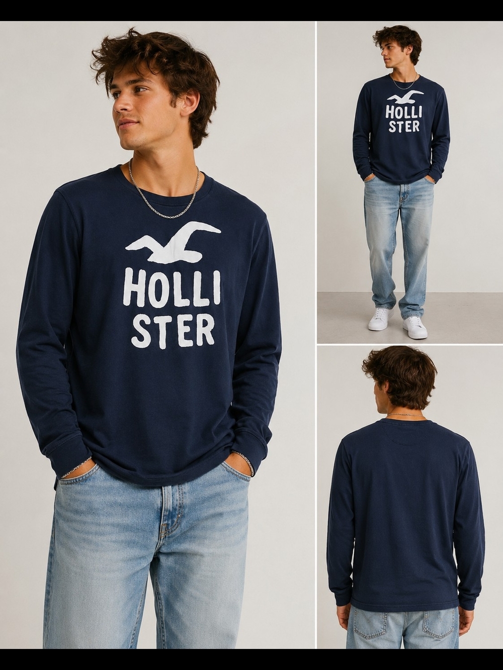 Hollister Men's Long-Sleeve Logo Crewneck – Dark Blue with White Graphic